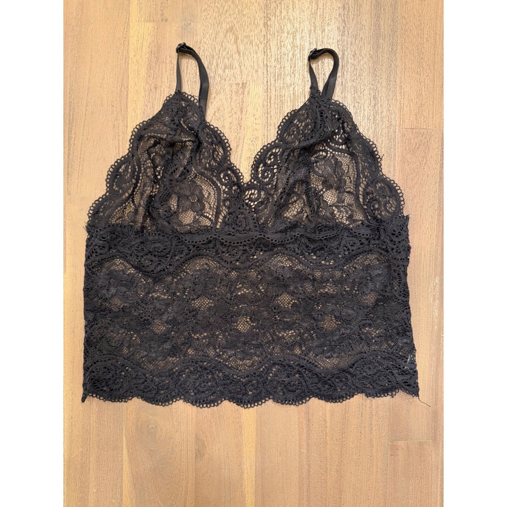 Black Floral Lace Bralette Adjustable Straps Sheer‎ Longline Crop Top Small